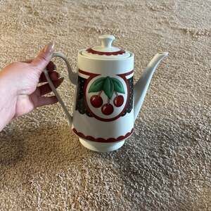 Vintage Mary Engelbreit Cherry Cameo Coffee Pot with Lid 2001 Enesco
